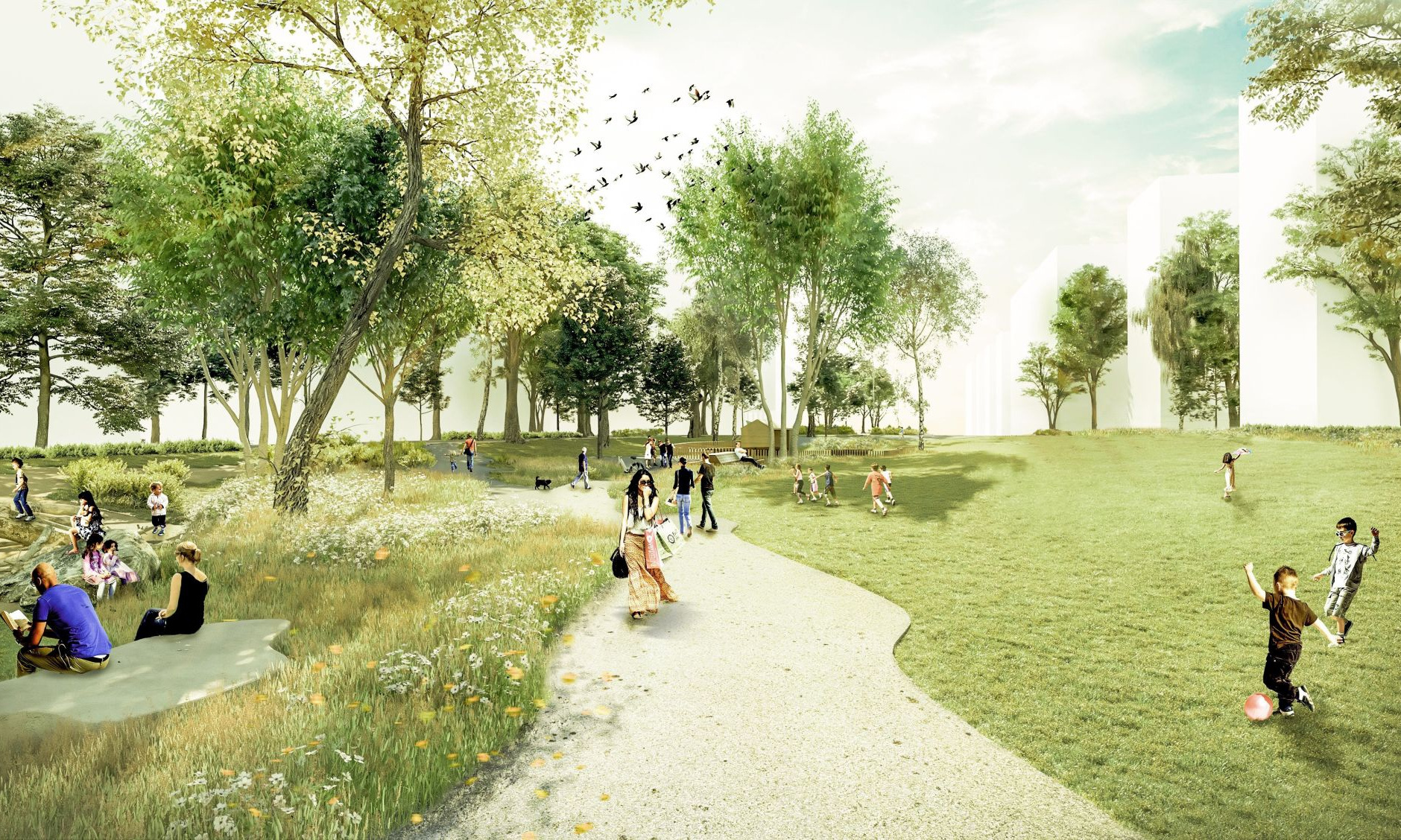 Visualisierung Quartierspark Der Quartierspark zieht sich wie ein grünes Band von West nach Ost durch das Quartier.